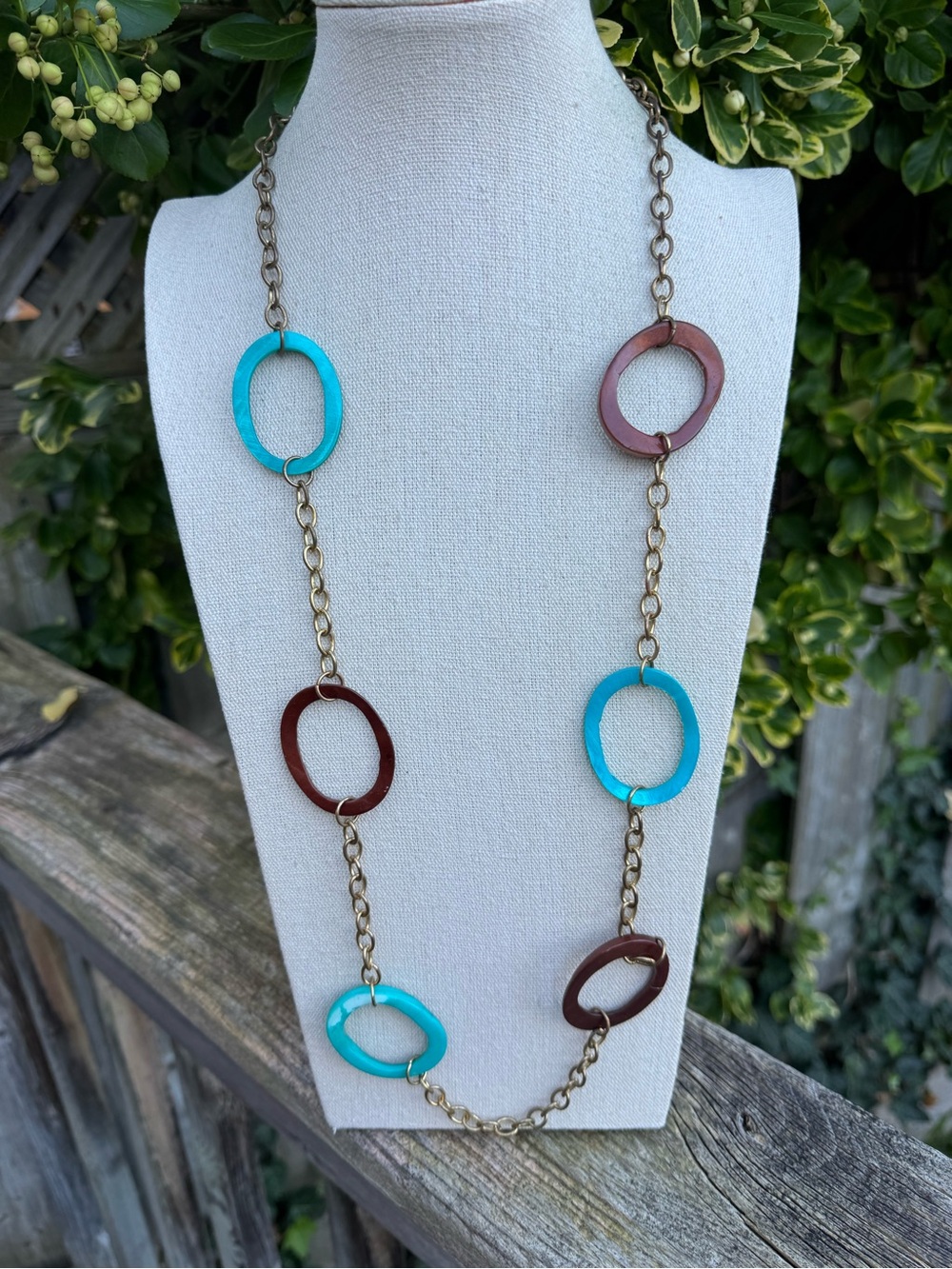 Brown and Aqua Oval Station Necklace - Bronzed Metal Chain